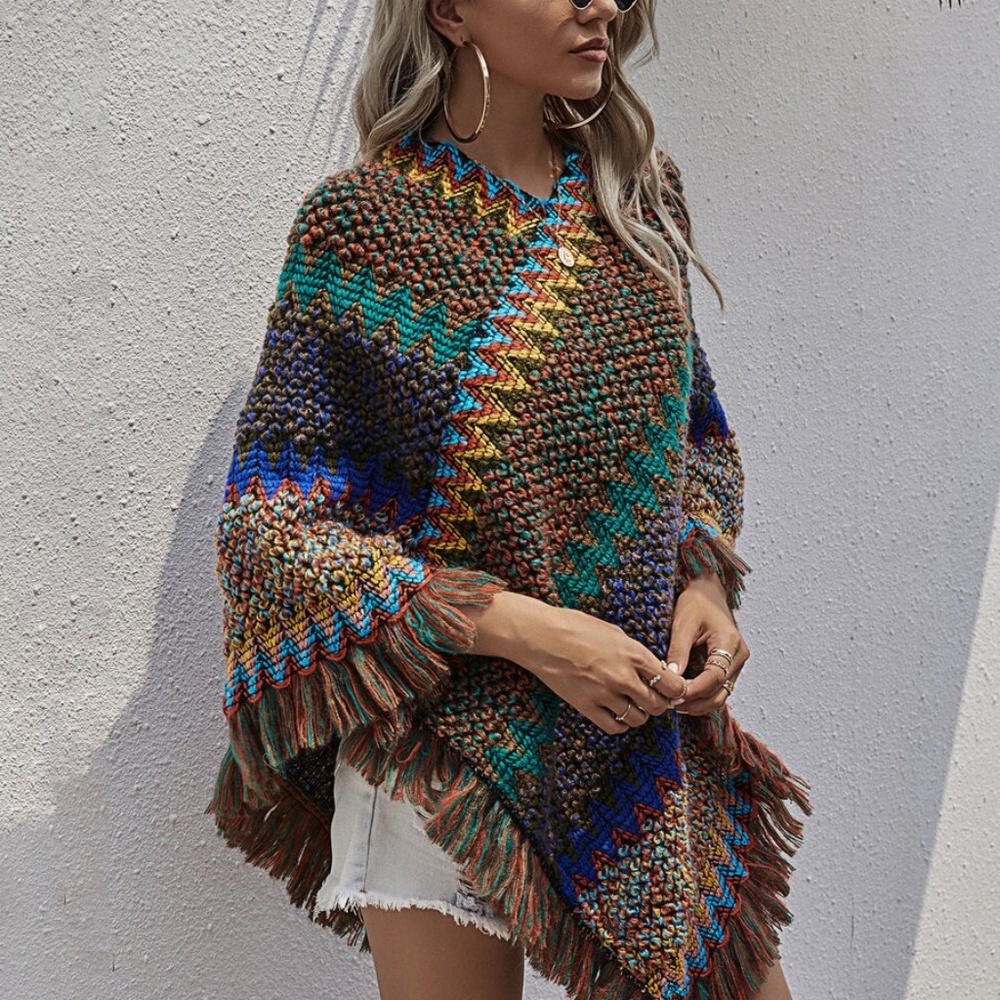 Fringe Hem multi color Sweater Poncho - TAN - Picture 9 of 12